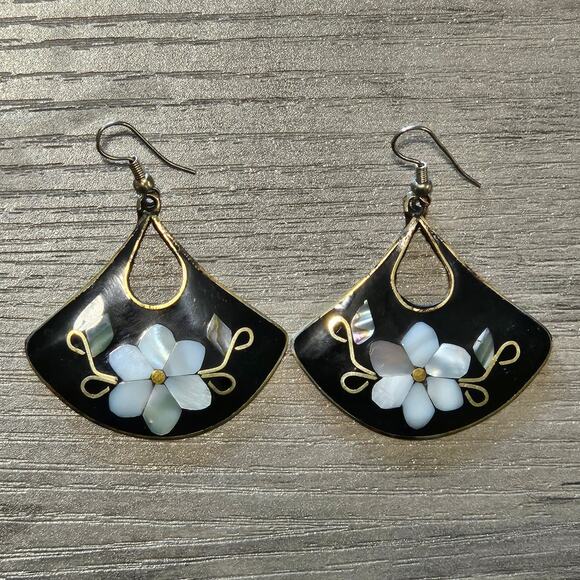 Vintage Alpaca Silver Black Fan Shaped Earrings with Mother of Pearl Flowers